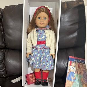American Girl Doll Emily  in Blue Floral Outfit with Cream Cardigan